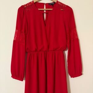 Express Red Long Sleeve Floral Mesh Mini Above Knee Dress Size Small